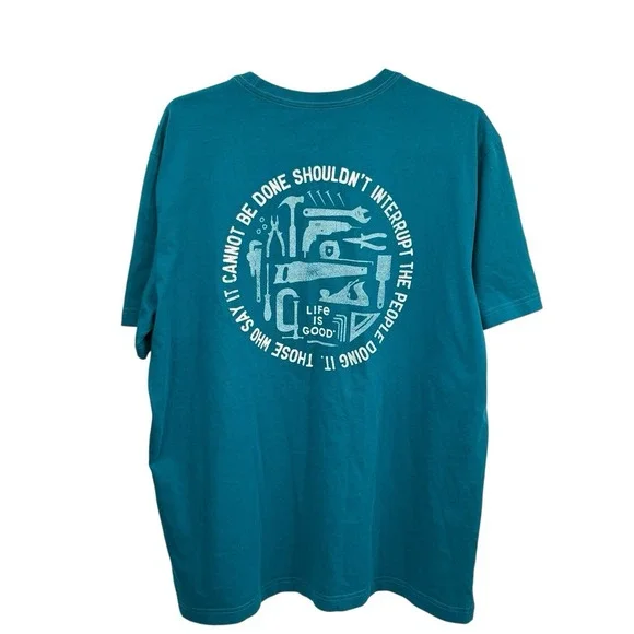 Men's‎ Life Is Good L Don't Interrupt Handyman Crusher Tee  New Green Teal Tools - Picture 2 of 12